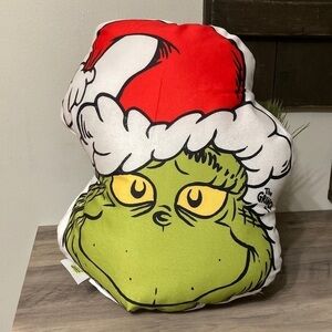EUC DR SEUSS THE SANTA GRINCH SHAPED THROW PILLOW W GLITTERY HAT